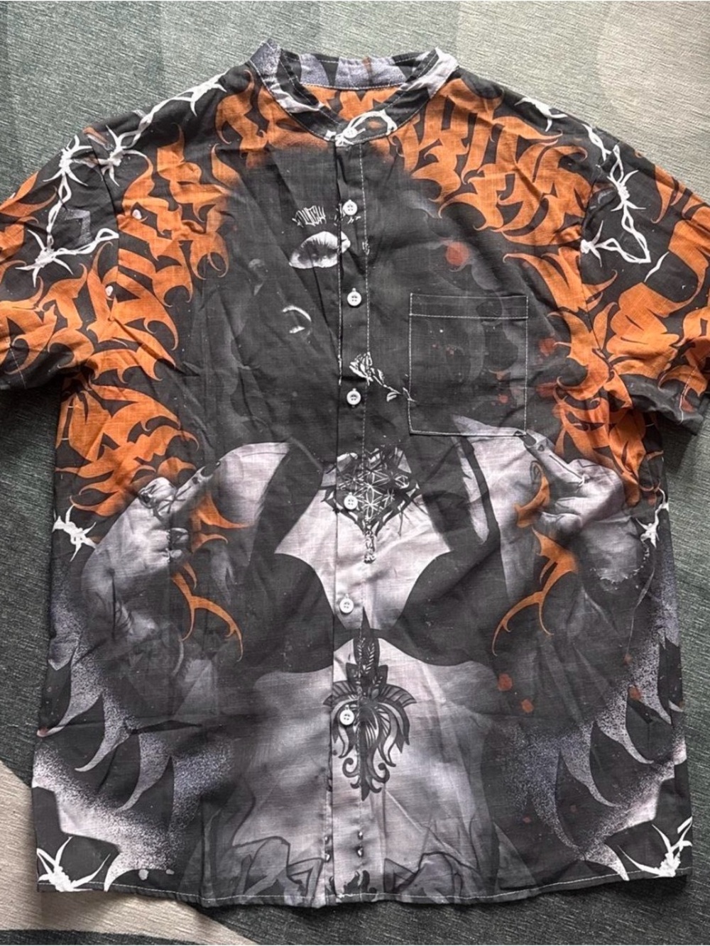 Men's Black & Orange Graphic Button-Up Shirt
